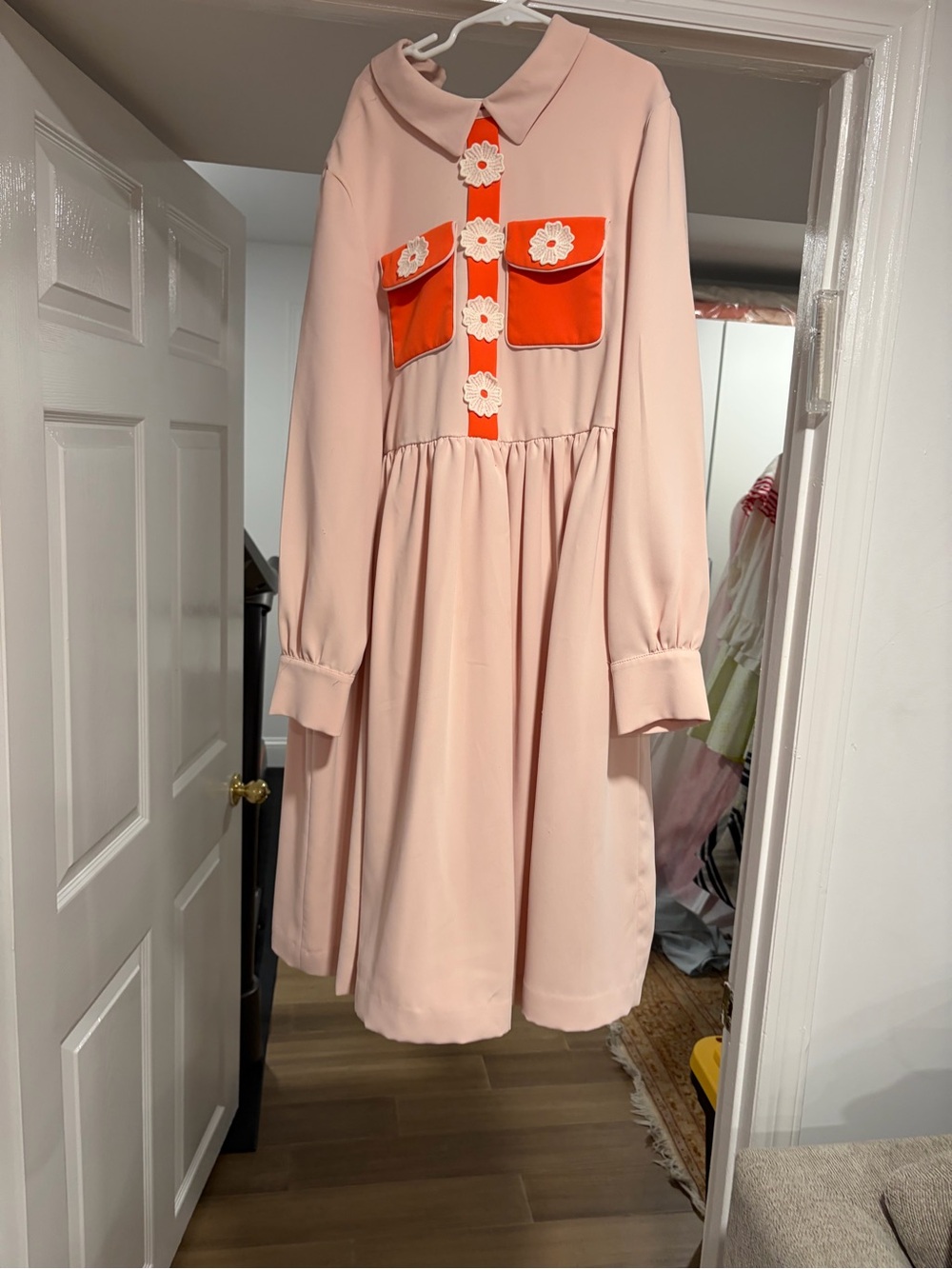 Mimisol Long Sleeve Midi Dress with Orange Trim & Floral Buttons